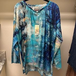 NWT Johnny Was Silk blouse abstract blue, size M Style P16821AN